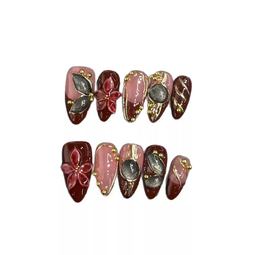 3D Carved Press On Nails, Vintage Spicy Girl Style Premium Skin-Flattering Removable Nail Tips