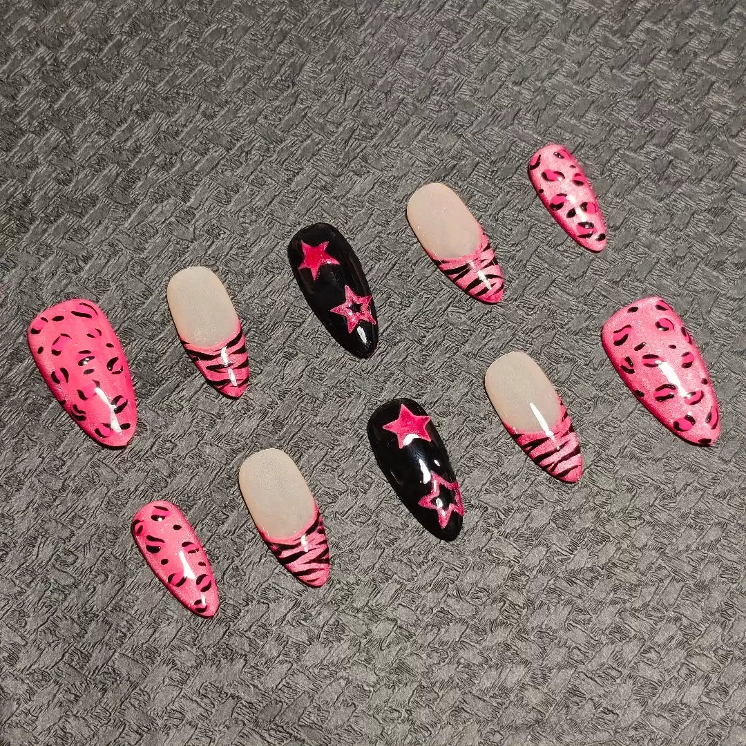 Black Pink Leopard Print Star Press On Nails, Y2K Spicy Girl Medium Long Nail Tips