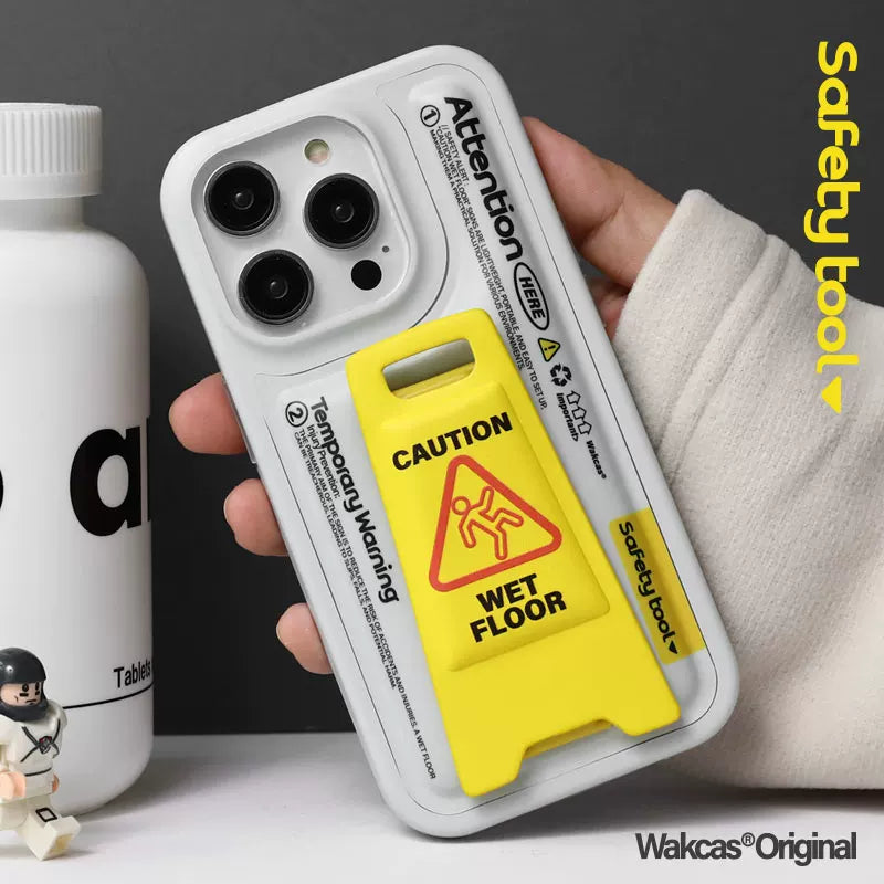 Original "Caution Wet Floor" 3D Kickstand Phone Case for iPhone 18 Pro Max 17 16, Funny Niche Shockproof Cover