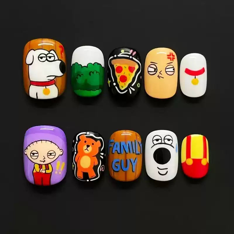 Family Guy Dopamine Press On Nails, Cute Cartoon Niche Short Bean Nail Tips