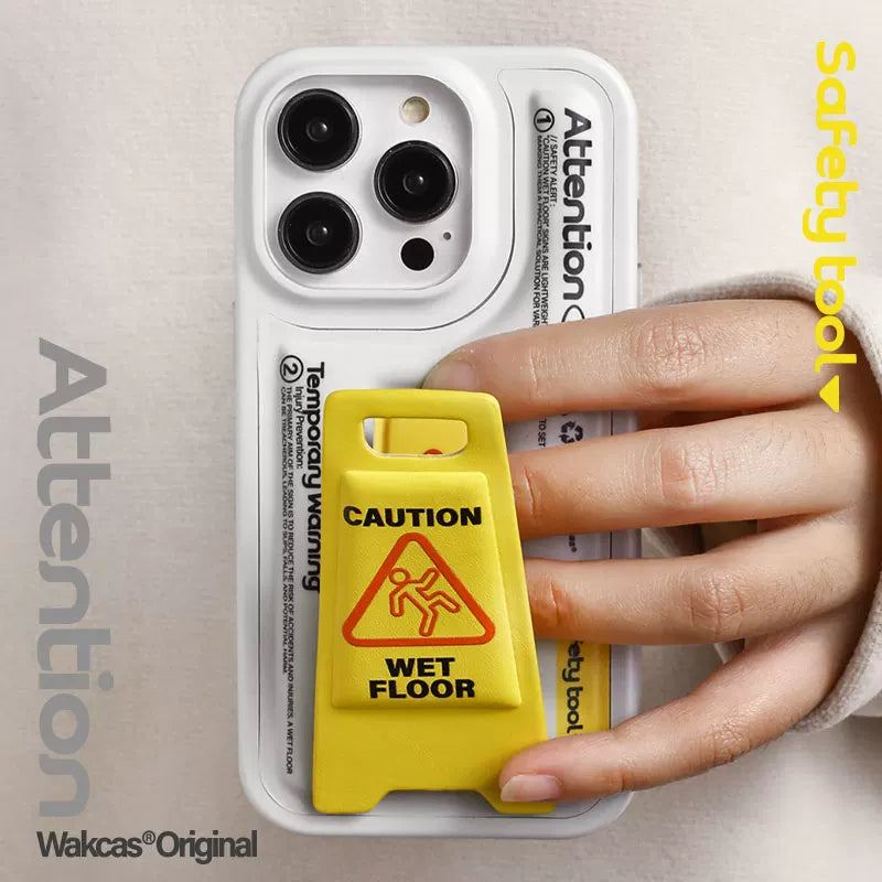 Original "Caution Wet Floor" 3D Kickstand Phone Case for iPhone 18 Pro Max 17 16, Funny Niche Shockproof Cover