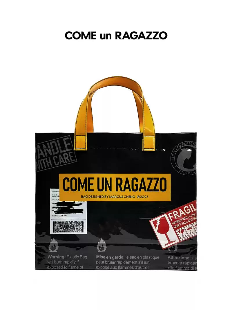 CUR Kraft Paper Shopping Bag, Applique PVC Open Top Hand Tote Bag