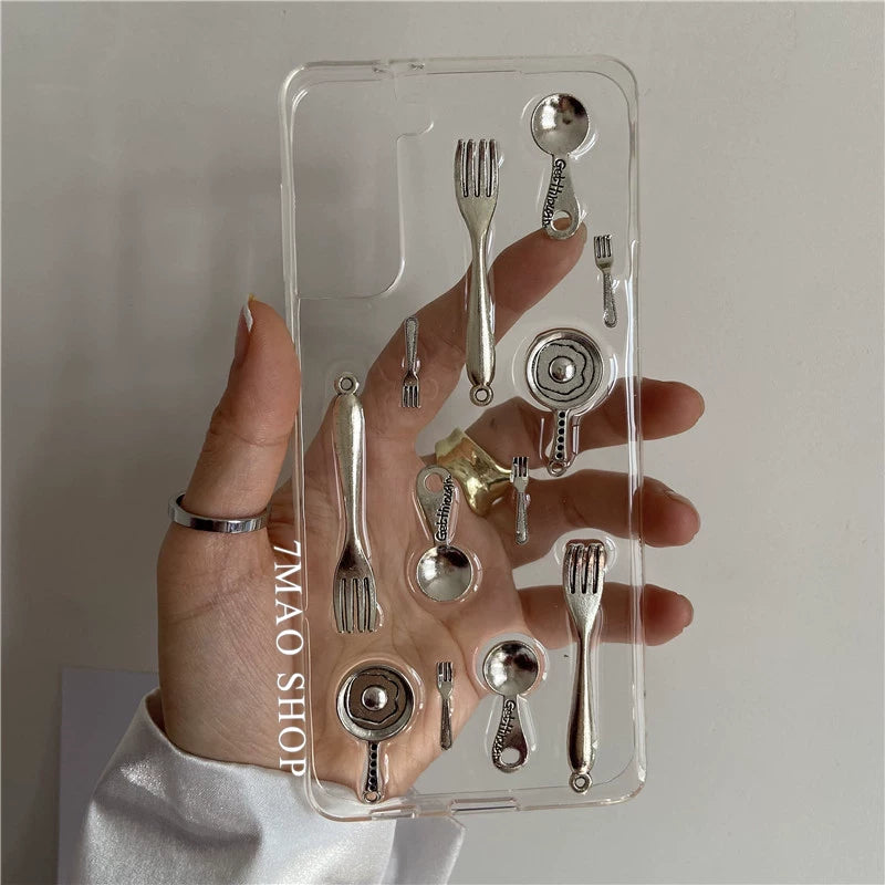Metal Spoon Fork Tableware Print Phone Case for iPhone 16 17 15 Pro Max 18