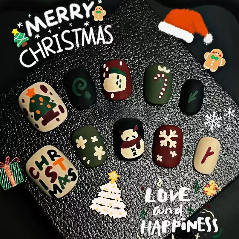 Christmas Wish Matte Press On Nails, Cute Cartoon Versatile Festive Short Bean Nail Tips