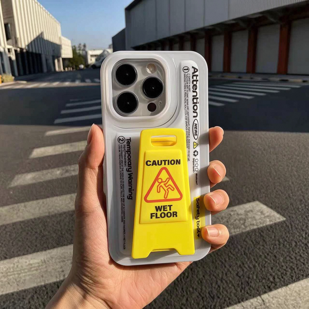 Original "Caution Wet Floor" 3D Kickstand Phone Case for iPhone 18 Pro Max 17 16, Funny Niche Shockproof Cover