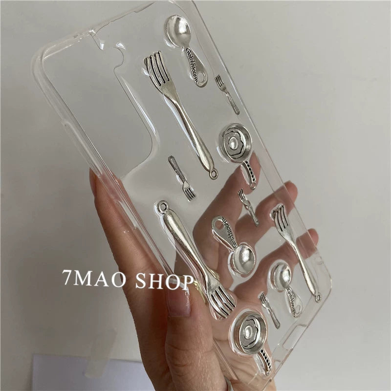 Metal Spoon Fork Tableware Print Phone Case for iPhone 16 17 15 Pro Max 18