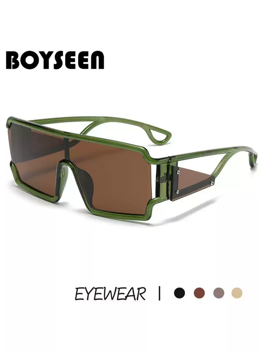Avant-garde One-Piece Square Sunglasses, Color Block Big Frame Futuristic Olive Green Street Shades