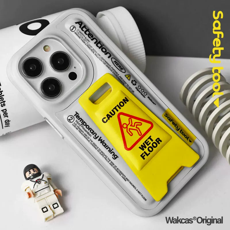 Original "Caution Wet Floor" 3D Kickstand Phone Case for iPhone 18 Pro Max 17 16, Funny Niche Shockproof Cover