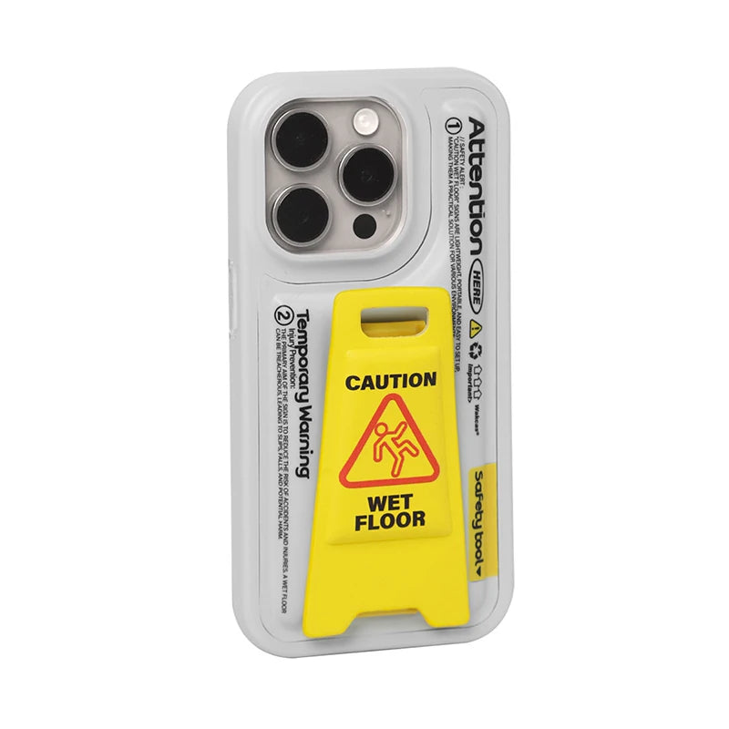 Original "Caution Wet Floor" 3D Kickstand Phone Case for iPhone 18 Pro Max 17 16, Funny Niche Shockproof Cover